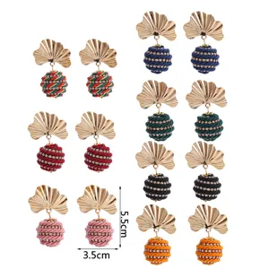 Boucles d'Oreilles Pendantes Vintage en Alliage Feuille de Ginkgo Strass Boule Tressée en Spirale pour Femme Bijoux de Mode Style Européen