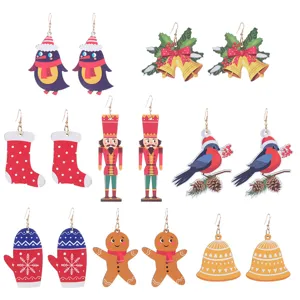Weihnachten Holz Ohrringe Für Damen Bedruckt Rentier Schneemann Weihnachtsmann Nussknacker Lebkuchenmann Kranz Party Schmuck Geschenk