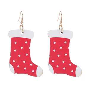 Hölzerne Weihnachtsstrumpf Ohrringe für Damen, rote Punkte hängende Party Ohrringe.