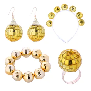 Set Gioielli Festa Disco Anni 70 Orecchini Sfera Specchio Dorata Bracciale Anello Donna