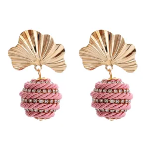 Boucles d'oreilles pendantes feuille ginkgo alliage rose strass boule tressée vintage femme