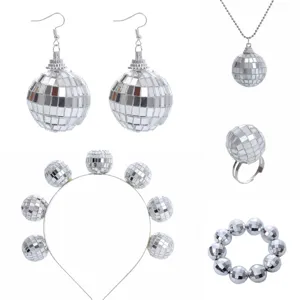 Set Orecchini Collana Bracciale Anello Cerchietto Sfera Specchiata Disco Retro Plastica Vetro Specchio Gioielli Costume Festa Anni 70 Donna
