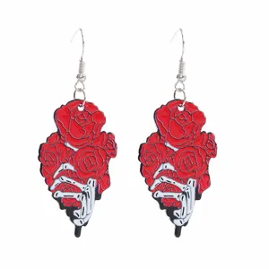 Gotische Punk Stil Skelett Hand und rote Rosen Ohrringe fur Damen Mode Schmuck Detailansicht