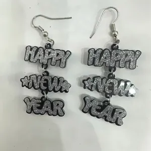 Neujahr Glitzer Buchstaben Ohrringe, schwarz silber hängende Ohrringe für Damen Party.