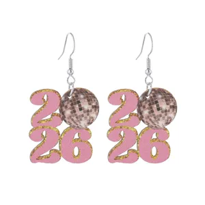 Neues Jahr 2026 Holz Diskokugel Ohrringe rosa Glitzer Party hängende Ohren Schmuck