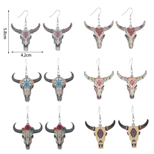 Vintage Western Holz Stier Schädel Ohrringe Boho Stil Hängeohrringe Schmuck für Damen