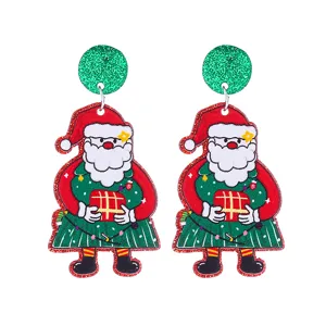 Christmas Santa Claus acrylic earrings with green glitter top studs for festive party wear.