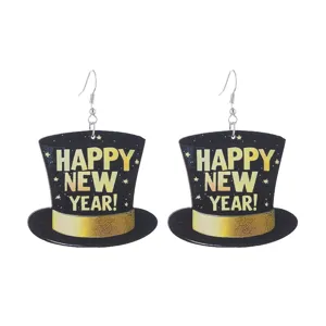 Neujahr Holz Zylinder Ohrringe, festliche Happy New Year Buchstaben Ohrhänger für Damen.