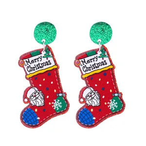 Christmas stocking acrylic earrings festive red and green glitter cute holiday jewelry gift