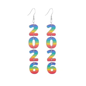 Lange Holz 2026 Ohrringe mit bunten Regenbogenstreifen, stilvoller Neujahrs-Party-Schmuck.