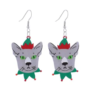 Weihnachtliche graue Katze Acryl Ohrringe, süße festliche Tier Ohrhänger für Damen Schmuck.