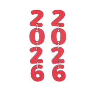 Rote 2026 Zahlen lange Ohrringe hängend Holz numerisch Mode Schmuck Party Zubehör