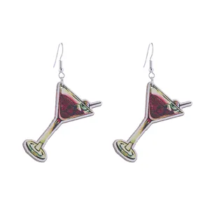 Wooden cocktail glass drop earrings with olive detail for women and girls jewelry fashion.