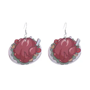 Close-up detail of Thanksgiving roasted turkey novelty dangle earrings, fun autumn holiday design.