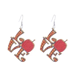 Autumn Thanksgiving pumpkin LOVE wooden earrings retro plaid holiday fashion dangle jewelry for women