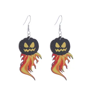 Halloween wooden earrings with scary pumpkin ghost and creative flame design for women.