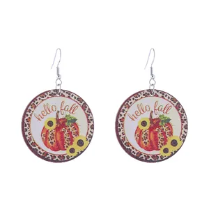 Fall wooden drop earrings featuring pumpkin and leopard print for autumn fashion