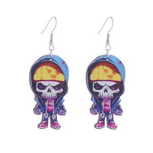 Cartoon skull wooden earrings, Halloween style drop earrings, punk fashion jewelry for women.