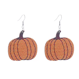 Wooden pumpkin drop earrings for autumn Thanksgiving and Halloween fashion daily wear jewelry.