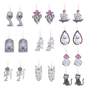 Halloween Retro Houten Oorbellen Geest Skelet Pompoen Patroon Hanger Oorbellen Voor Vrouwen Grappige Party Sieraden