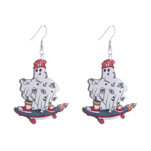 Halloween retro geest skateboard houten oorbellen grappige skelet hanger sieraden
