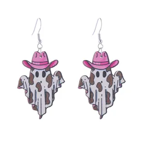 Halloween spook houten oorbellen met roze cowboyhoed en koeienprint, leuke bungelende sieraden.