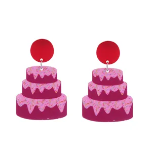 Pink acrylic multi-layer cake drop earrings featuring cute dessert design and red stud.