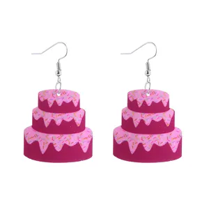 Cute pink layered cake acrylic drop earrings with colorful sprinkles, playful y2k jewelry.