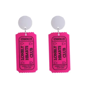 Pink ticket shape acrylic drop earrings with white round studs, trendy y2k fashion jewelry.