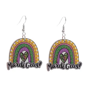 Holzbasiert Mardi Gras Ohrringe mit buntem Regenbogen Leopard Herz Design für festliche Partys.