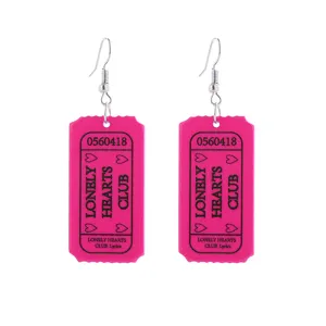 Pink acrylic ticket drop earrings Y2K style fashion jewelry for women and girls daily wear