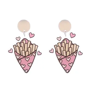 Cute Y2K pink french fries acrylic earrings detail, fun fast food cute stud earrings fashion jewelry.