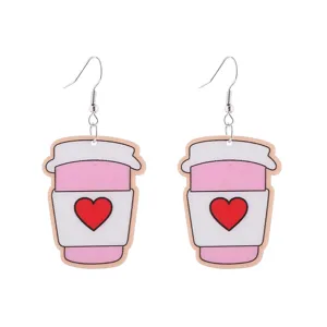 Süße rosa Kaffeetasse Ohrringe mit rotem Herz Muster, romantischer Valentinstag Schmuck.