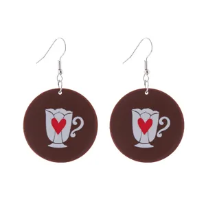 Braune runde Kaffeetasse Herz Print Ohrringe, süßer Valentinstag Schmuck für Damen.