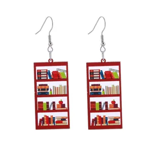 Bonitos pendientes colgantes de acrílico con diseño de estantería de libros ideal para la escuela.