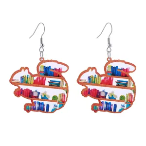 Pendientes colgantes de acrílico con diseño de ardilla y biblioteca para mujer