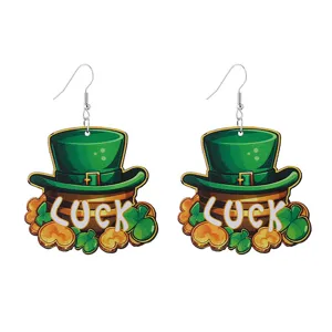 Orecchini di legno di San Patrizio cappello verde trifoglio portafortuna gioielli donna.