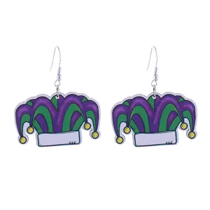 Karneval Narr Hut Ohrringe bunt lila gruen Kostuem Party Schmuck Accessoires Damen