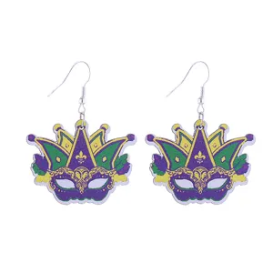 Mardi Gras Narrenkrone Maske Ohrringe Detail, lila grün gelb Karneval Farbblock Stil