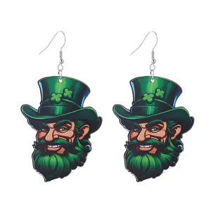 Orecchini Pendenti In Legno Leprechaun Irlandese San Patrizio Quadrifoglio Cappello