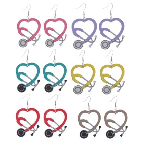 Nurse Day Wood Stethoscope Heart Drop Earrings Creative Medical Theme Printed Alloy Hook Earrings For Doctor Nurse Women Jewelry Gift