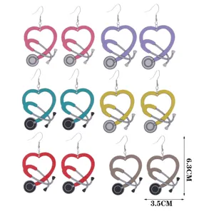 Colorful wooden stethoscope heart earrings for nurses and doctors, lightweight drop earrings.