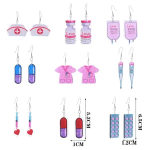 Leuke verpleegkundige acryl oorhangers set, grappige medische spuit pil sieraden.