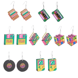 Retro Acrylic Drop Earrings Vintage Radio TV Cassette Game Console Rubik Cube Floppy Disk Music Vinyl Record Geometric Dangle Earrings For Women