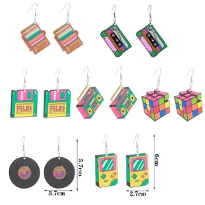 Retro acrylic dangle earrings set featuring vintage cassette, radio and game console designs.