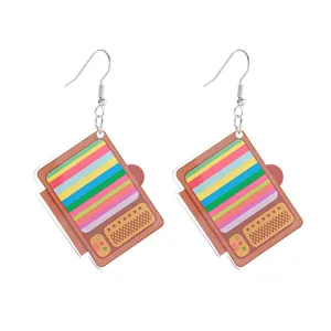 Retro TV acrylic dangle earrings with colorful test pattern screen, fun nostalgic jewelry for women.