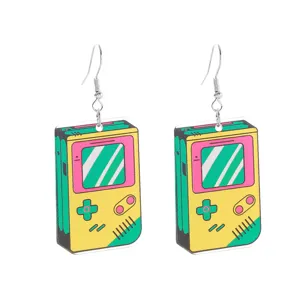 Retro game console acrylic drop earrings detail view, cute vintage handheld toy design jewelry.