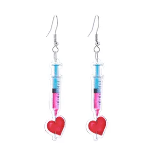 Acryl spuit hart oorbellen, novelty medische zuster thema bungelende sieraden.