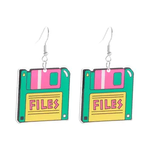 Retro floppy disk acrylic dangle earrings with cute colorful design for daily wear.
