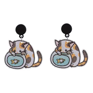 Pendientes colgantes de gato de acrílico lindo tazón de pescado joyería divertida